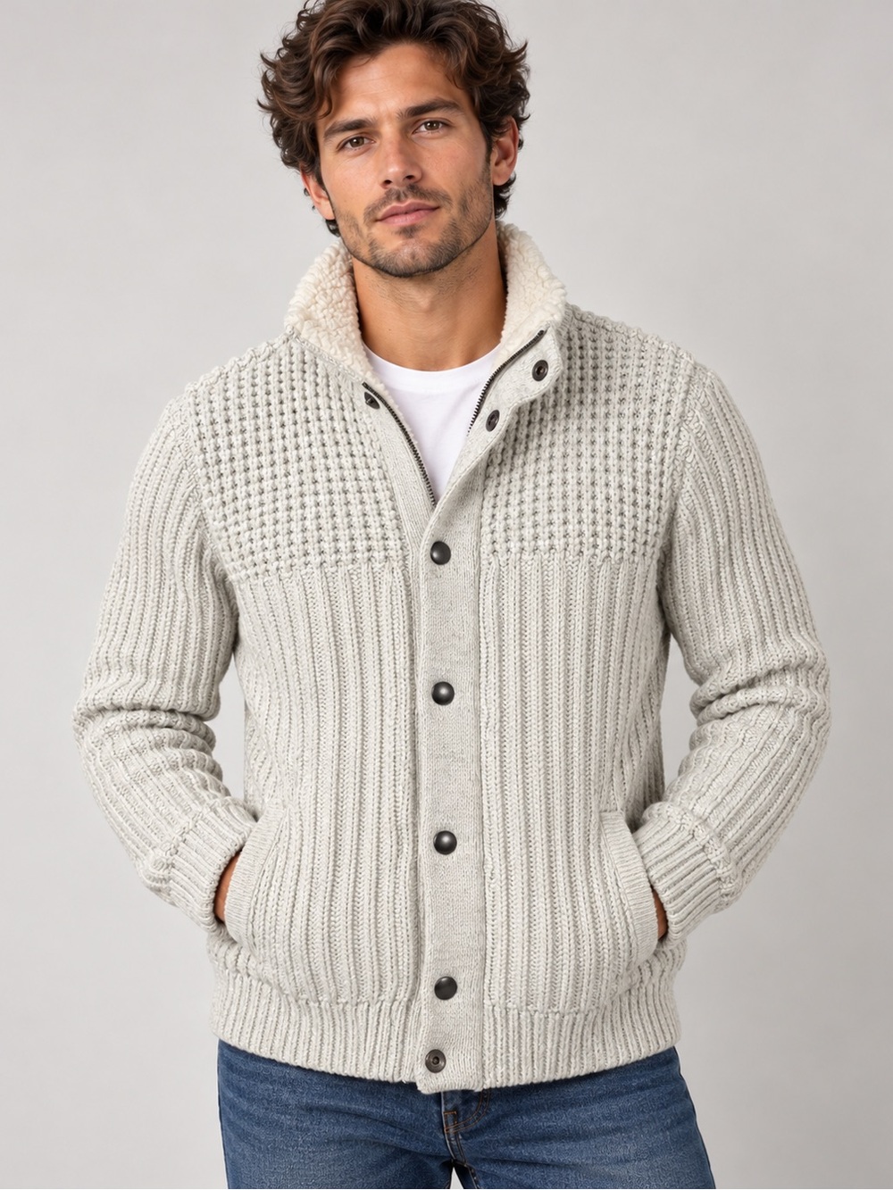 Express Men’s Large Chunky Knit Sherpa Collar Snap Front Sweater Jacket Ivory